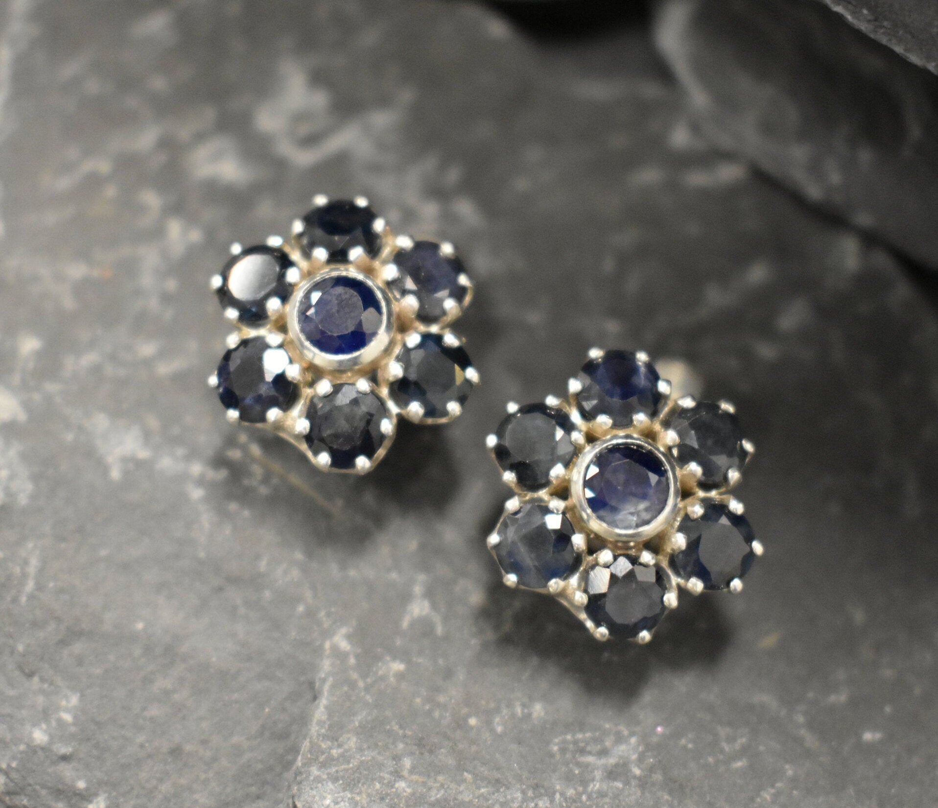 Sapphire Flower Earrings, Natural Sapphire, Large Stud Earrings, September Birthstone, Blue Flower Studs, Heavy Studs, Solid Silver Earrings