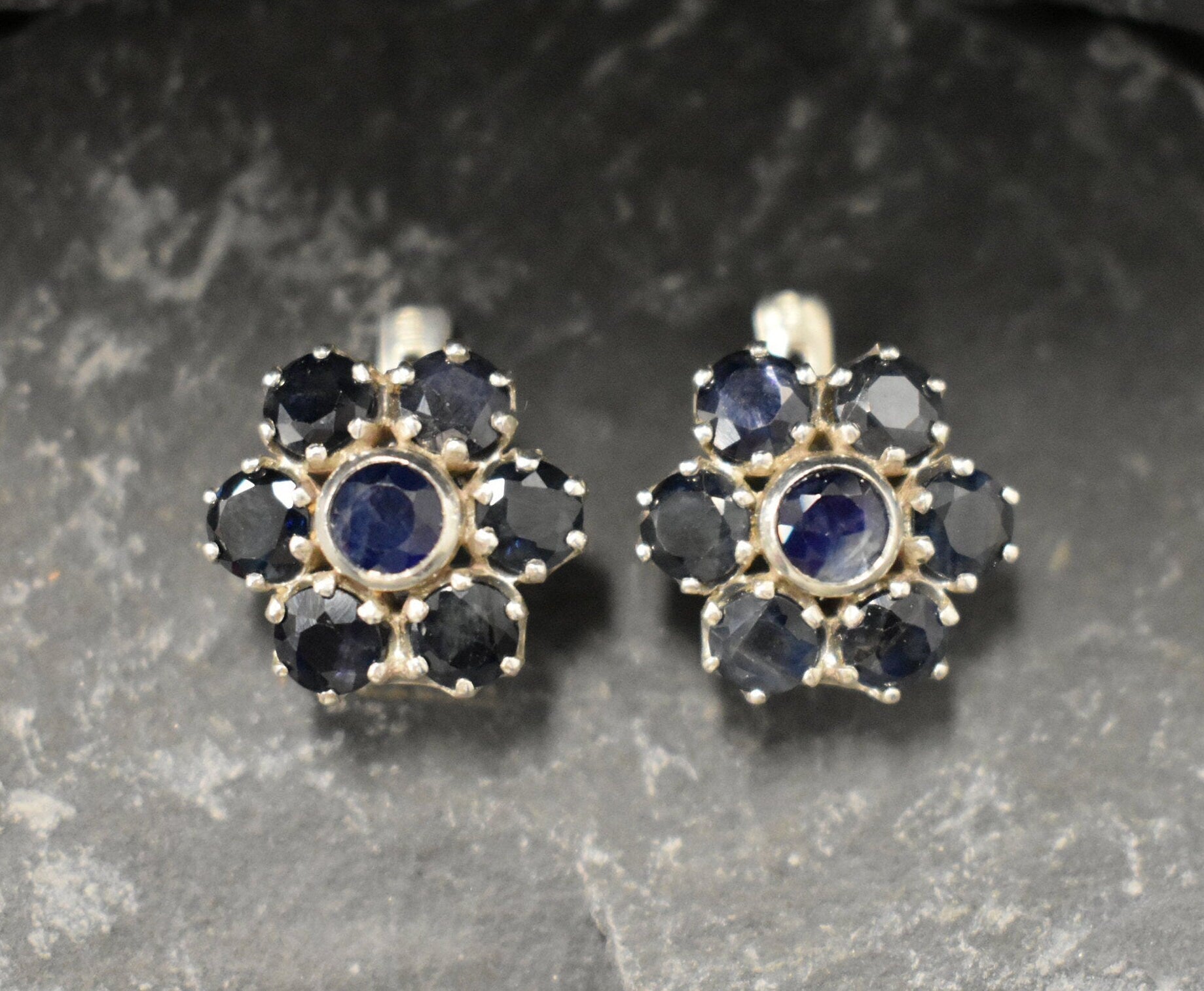 Natural Sapphire Earrings made in 925 Sterling Silver with Round Natural Blue Sapphire in Cluster setting, September Birthstone gift idea, symbolizes sincerity, truth, and faithfulness, ideal for everyday wear and perfect for birthday gifting and special occasions.