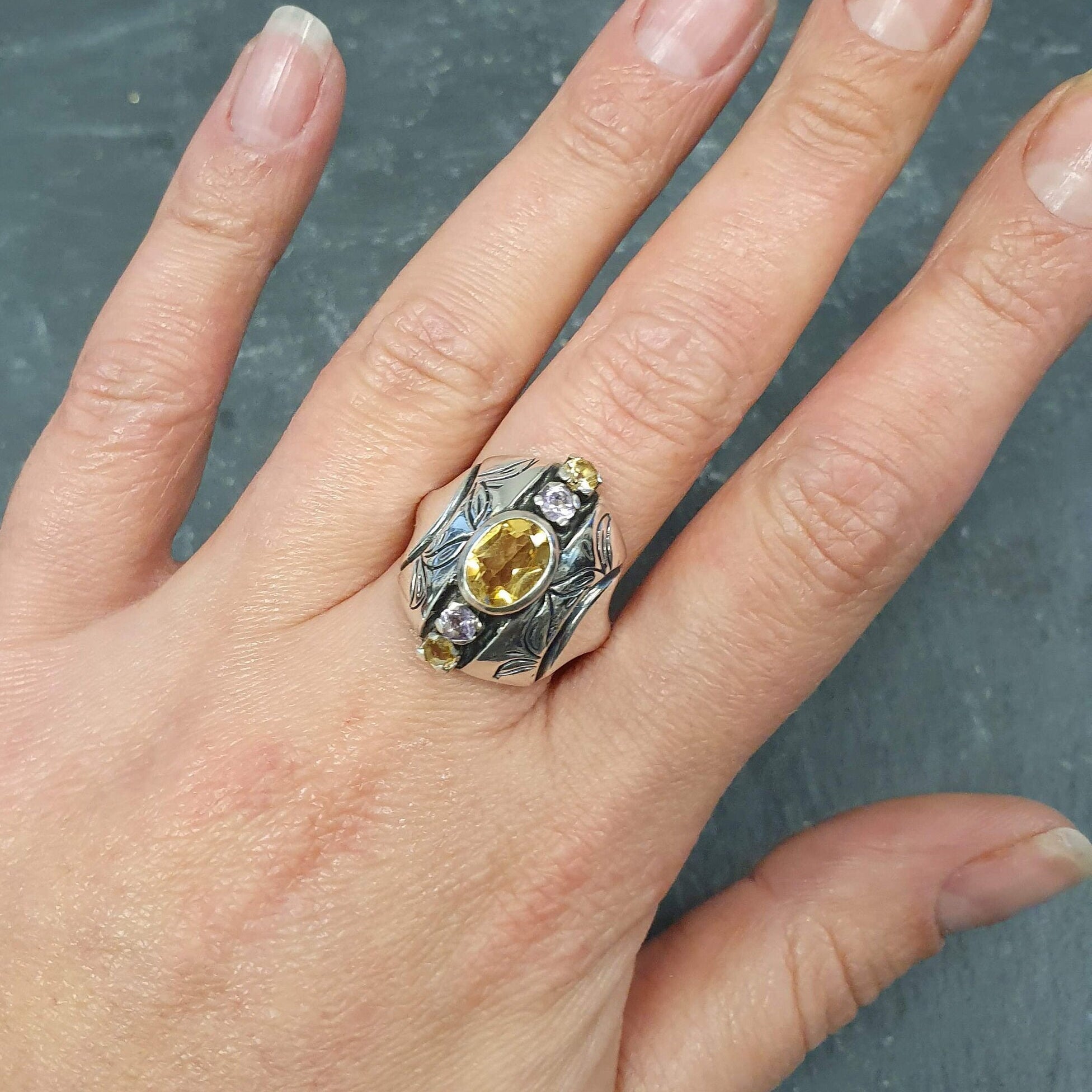 Silver Tribal Ring, Natural Citrine Ring, Statement Ring, November Birthstone, Large Ring, Chunky Ring, Long Ring, 925 Silver Ring, Amethyst