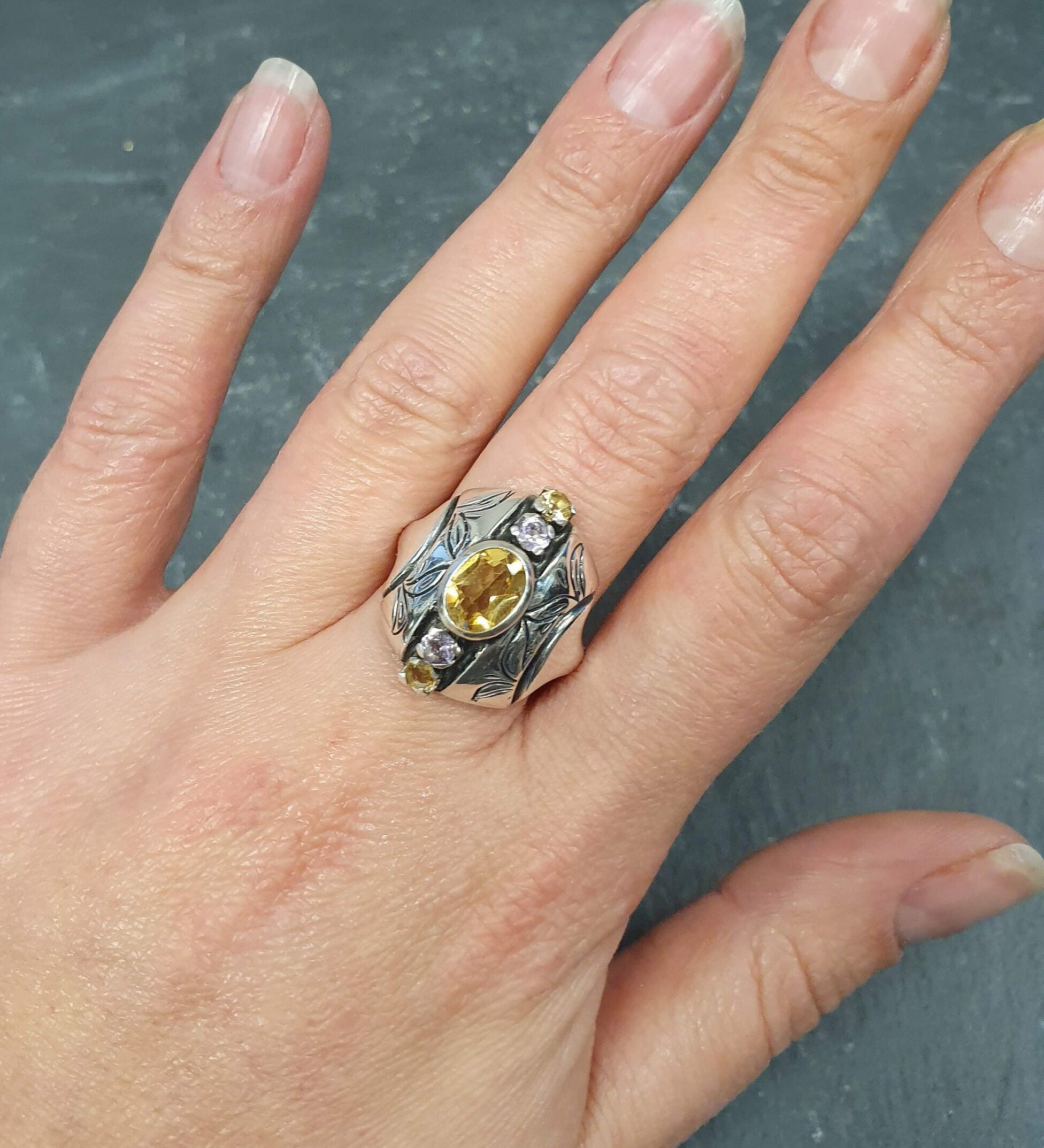 Silver Tribal Ring, Natural Citrine Ring, Statement Ring, November Birthstone, Large Ring, Chunky Ring, Long Ring, 925 Silver Ring, Amethyst