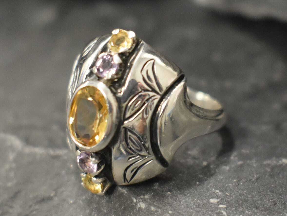 Silver Tribal Ring, Natural Citrine Ring, Statement Ring, November Birthstone, Large Ring, Chunky Ring, Long Ring, 925 Silver Ring, Amethyst