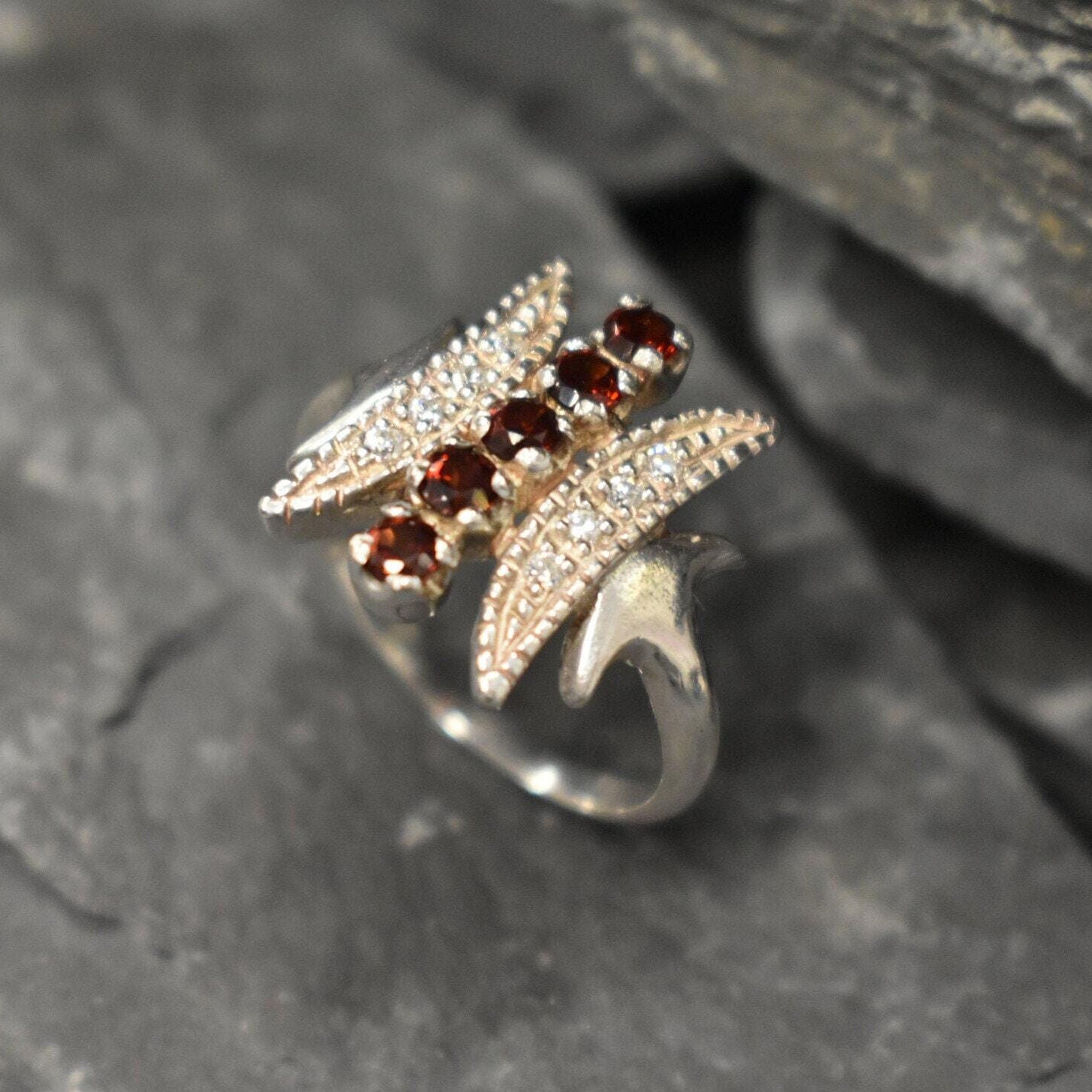 Tribal Garnet Ring, Natural Garnet, Shield Ring, January Birthstone, Asymmetric Ring, Red Vintage Ring, Pointy Spike Ring, Solid Silver Ring