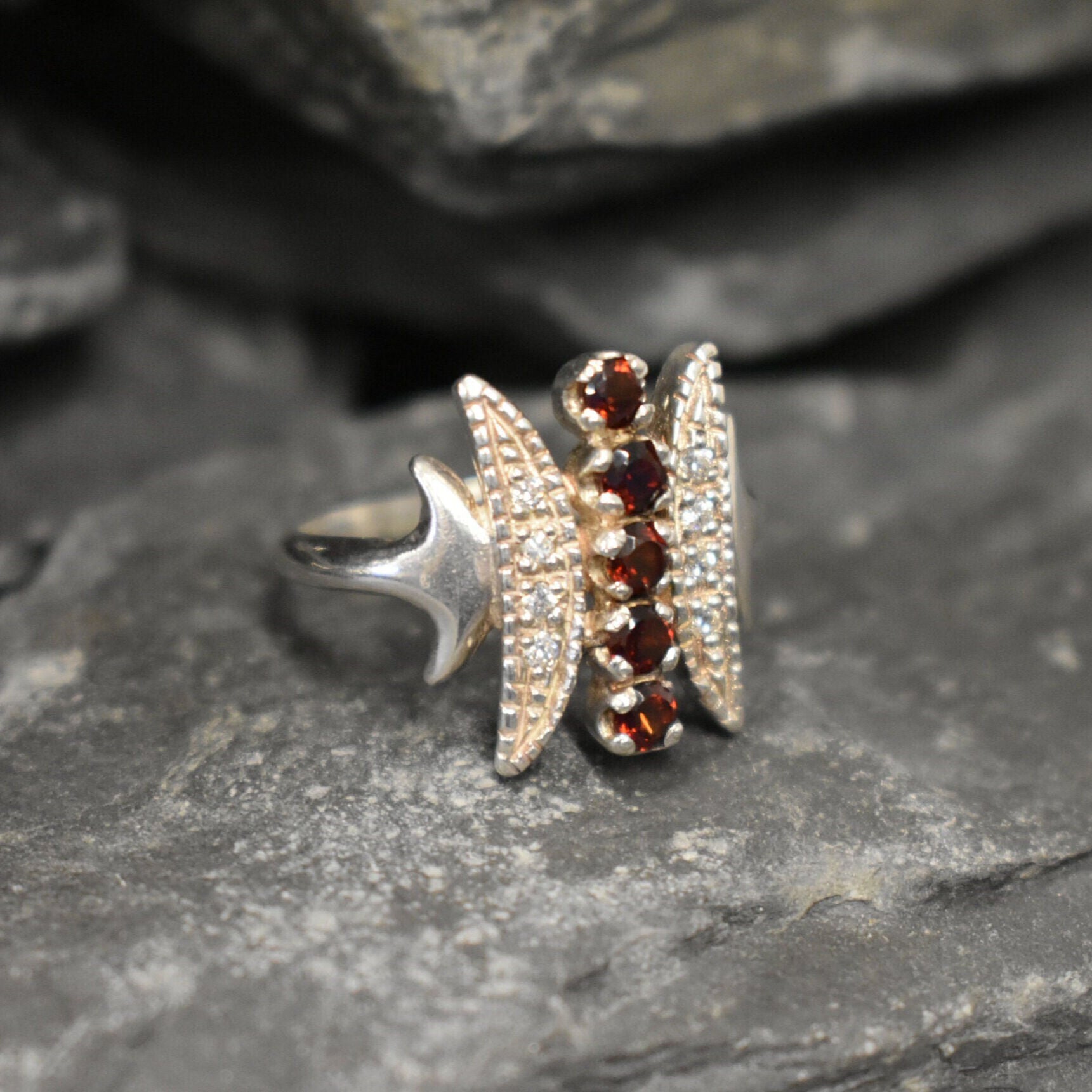 Tribal Garnet Ring, Natural Garnet, Shield Ring, January Birthstone, Asymmetric Ring, Red Vintage Ring, Pointy Spike Ring, Solid Silver Ring