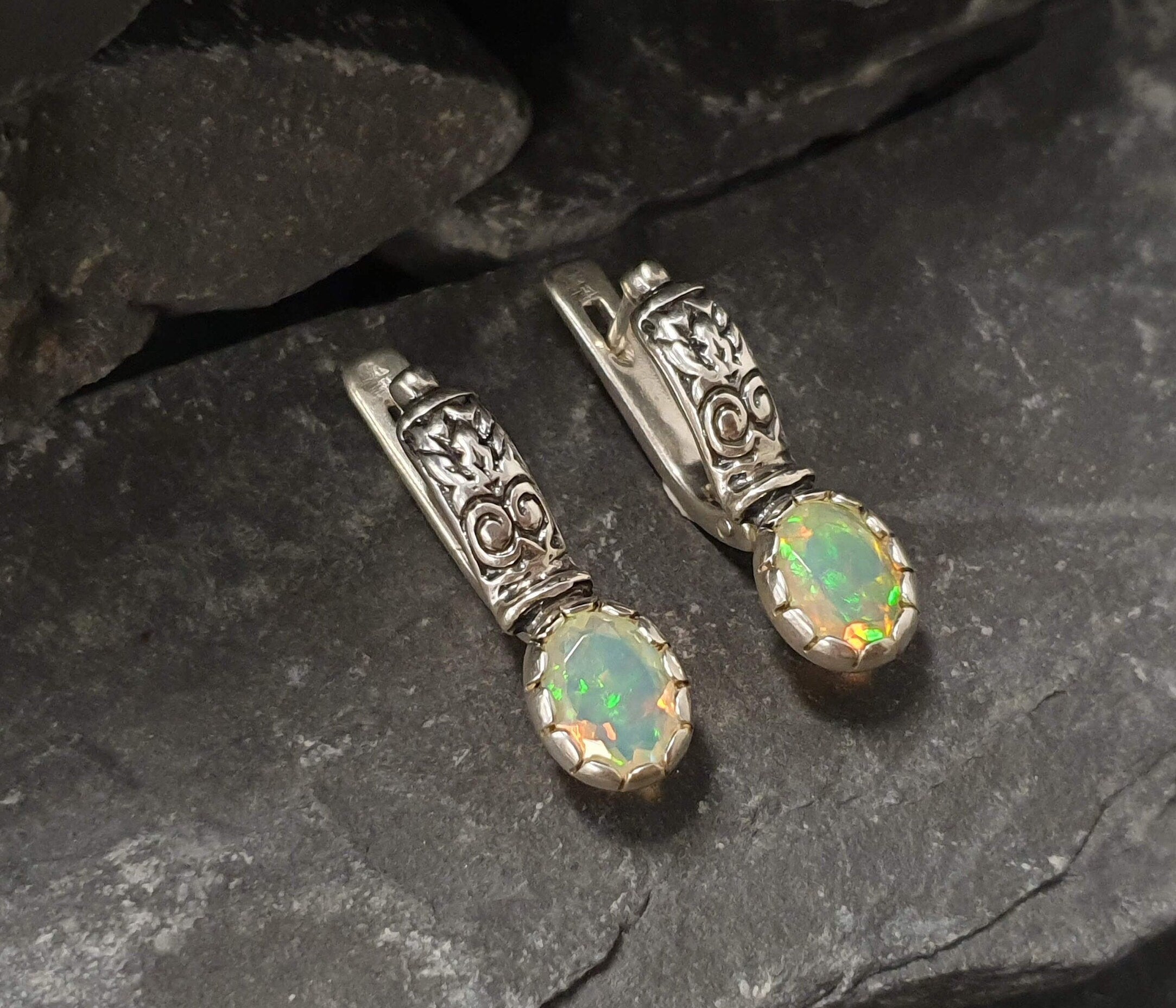 Opal Earrings, Ethiopian Opal, October Birthstone, Tribal Earrings, Vintage Studs, Long Opal Earrings, Fire Opal Studs, 925 Silver Earrings