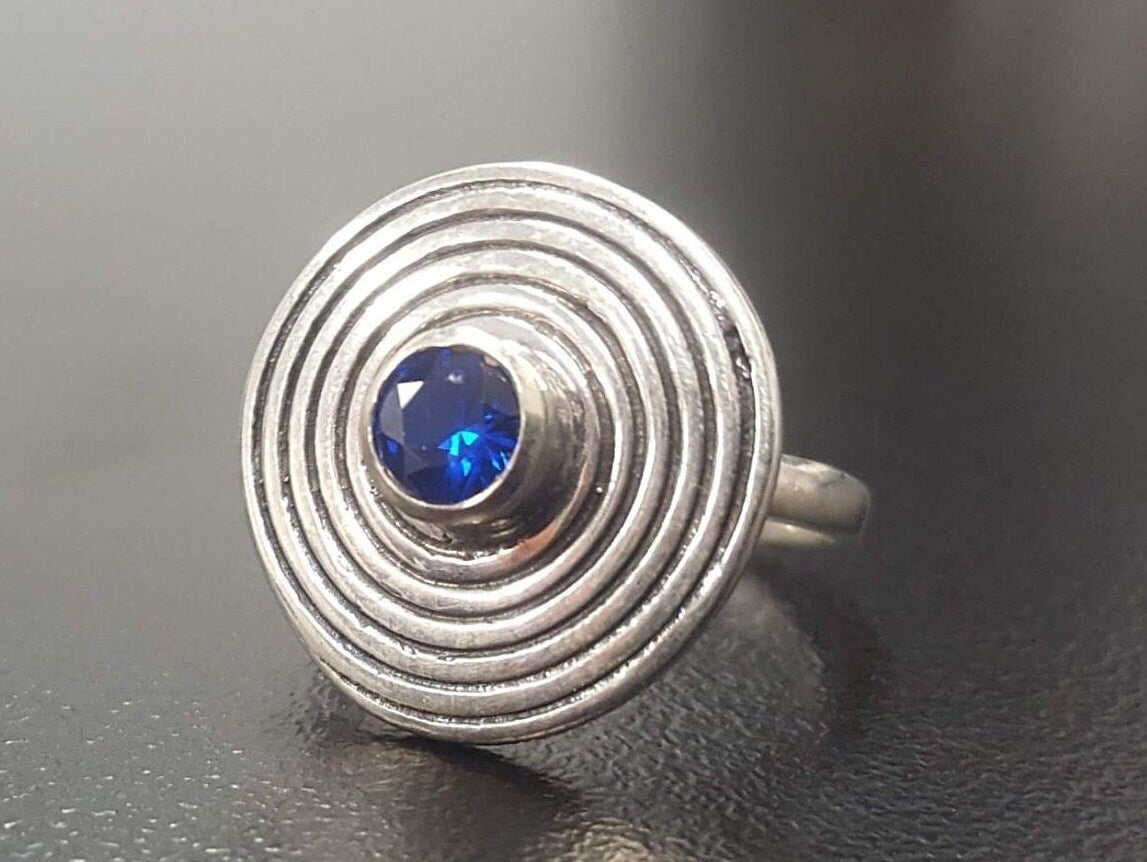 Created Sapphire Ring made in 925 Sterling Silver with Round Created Blue Sapphire in Bezel setting, September Birthstone gift idea, symbolizes sincerity, truth, and faithfulness, ideal for everyday wear and perfect for birthday gifting and special occasions.