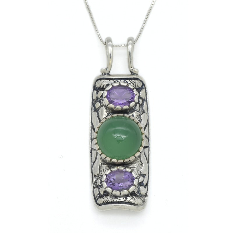 Emerald Pendant, Created Emerald, Tribal Pendant, Natural Amethyst, February Birthstone, February Pendant, Silver Pendant, Amethyst, Emerald