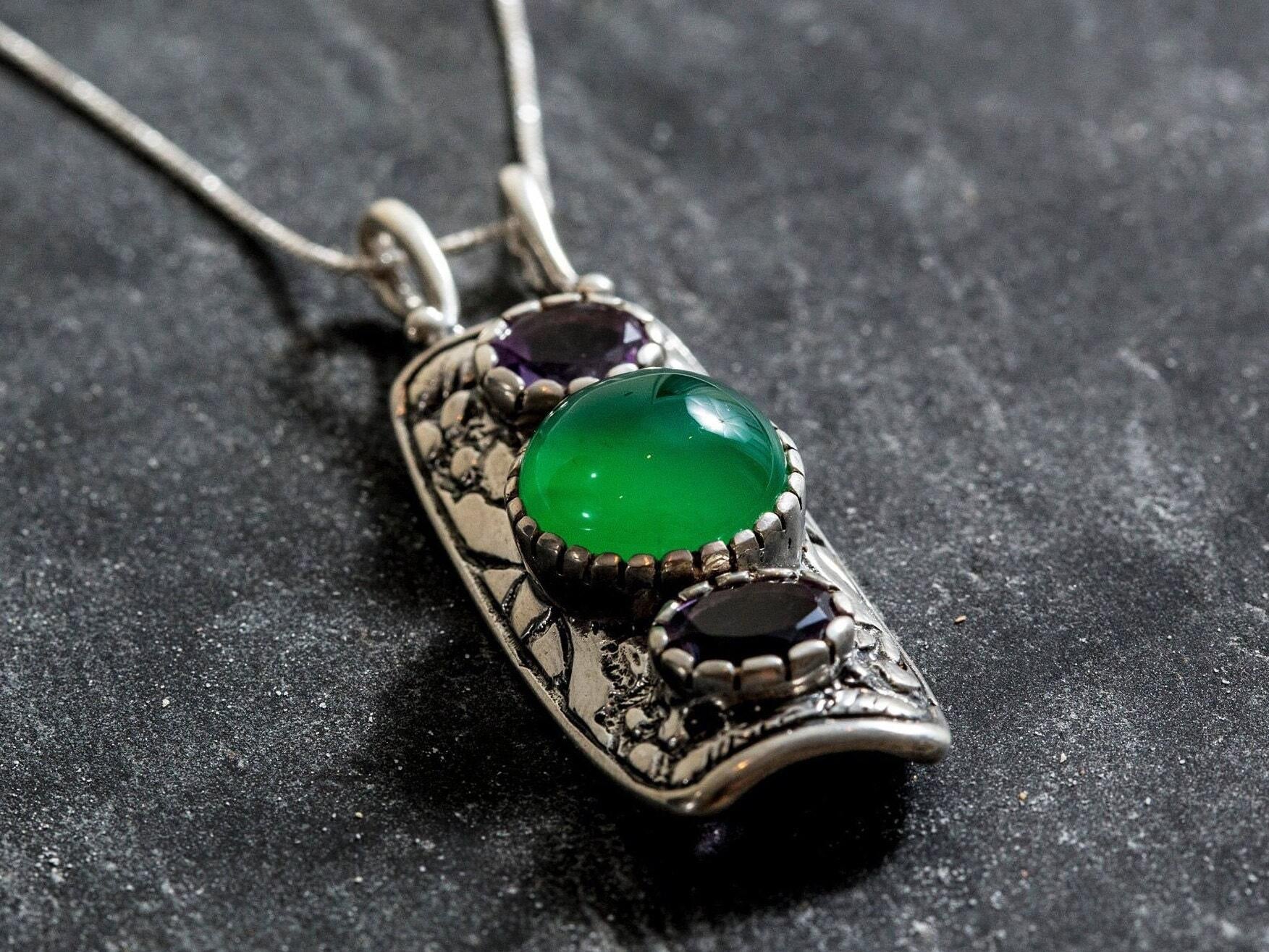 Emerald Pendant, Created Emerald, Tribal Pendant, Natural Amethyst, February Birthstone, February Pendant, Silver Pendant, Amethyst, Emerald