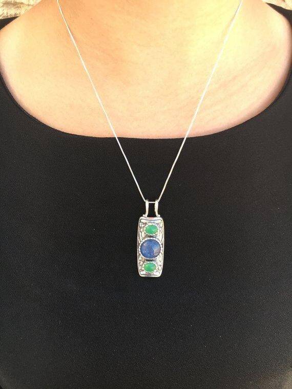 Emerald Pendant, Created Emerald, Tribal Pendant, Natural Amethyst, February Birthstone, February Pendant, Silver Pendant, Amethyst, Emerald