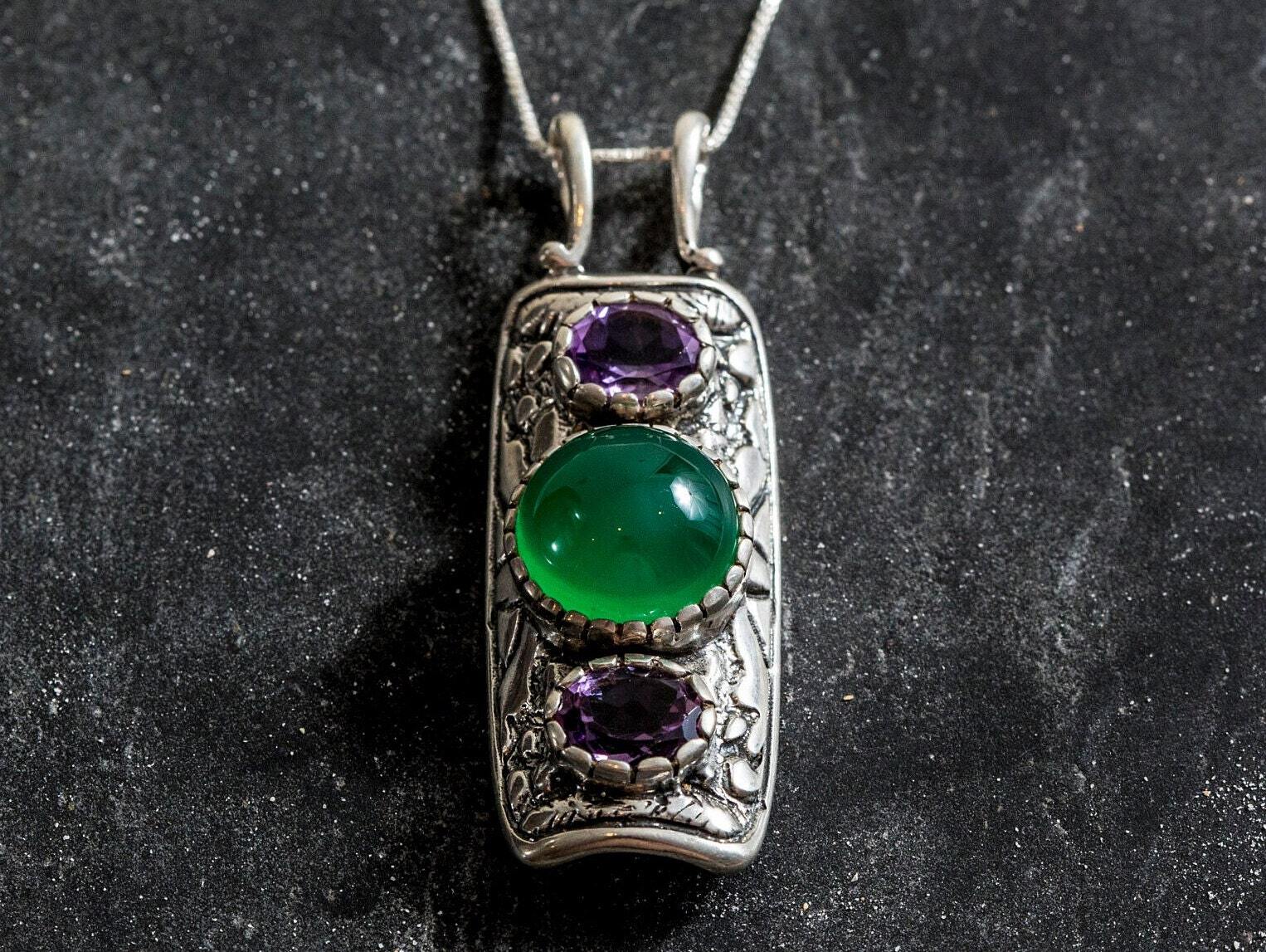 Emerald Pendant, Created Emerald, Tribal Pendant, Natural Amethyst, February Birthstone, February Pendant, Silver Pendant, Amethyst, Emerald