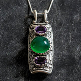 Emerald Pendant, Created Emerald, Tribal Pendant, Natural Amethyst, February Birthstone, February Pendant, Silver Pendant, Amethyst, Emerald