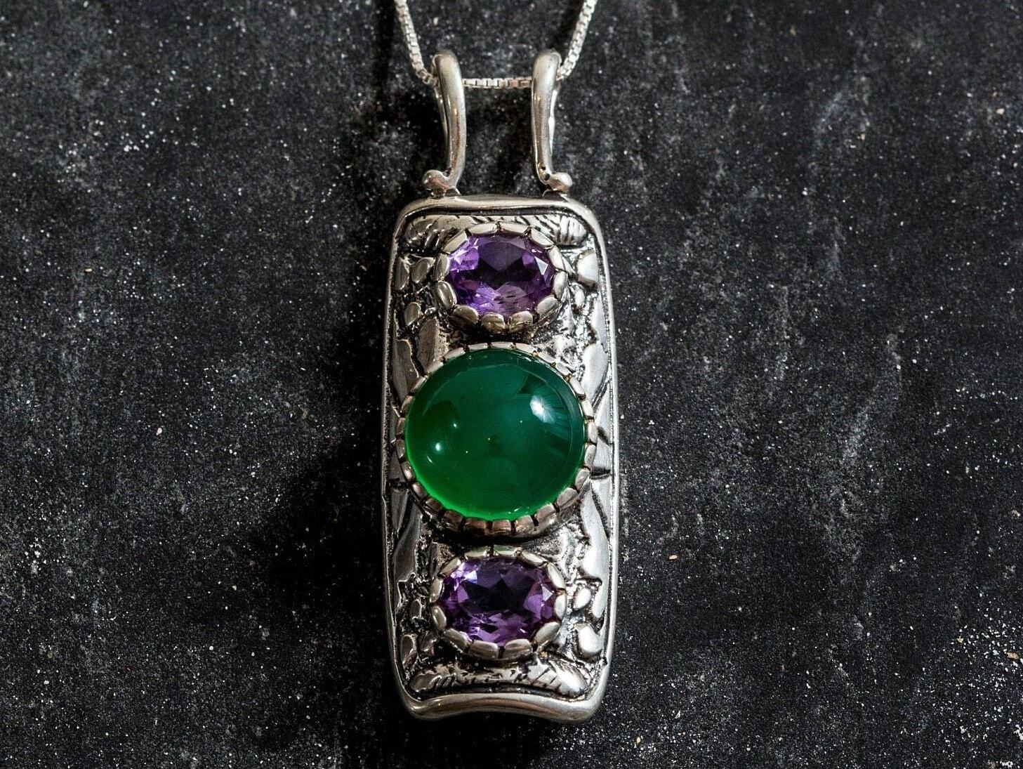 Emerald Pendant, Created Emerald, Tribal Pendant, Natural Amethyst, February Birthstone, February Pendant, Silver Pendant, Amethyst, Emerald