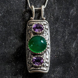 Emerald Pendant, Created Emerald, Tribal Pendant, Natural Amethyst, February Birthstone, February Pendant, Silver Pendant, Amethyst, Emerald