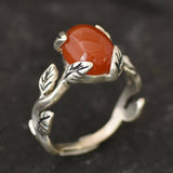 Red Flower Ring, Natural Red Agate, Carnelian Ring, Leaf Ring, Branch Ring, Red Vintage Ring, Floral Ring, Red Oval Ring, Solid Silver Ring