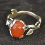 Red Flower Ring, Natural Red Agate, Carnelian Ring, Leaf Ring, Branch Ring, Red Vintage Ring, Floral Ring, Red Oval Ring, Solid Silver Ring