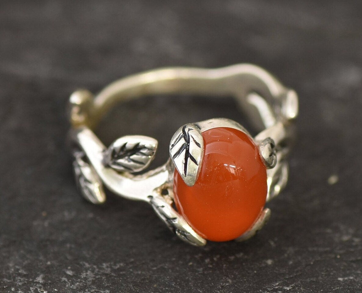 Red Flower Ring, Natural Red Agate, Carnelian Ring, Leaf Ring, Branch Ring, Red Vintage Ring, Floral Ring, Red Oval Ring, Solid Silver Ring
