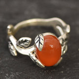 Red Flower Ring, Natural Red Agate, Carnelian Ring, Leaf Ring, Branch Ring, Red Vintage Ring, Floral Ring, Red Oval Ring, Solid Silver Ring