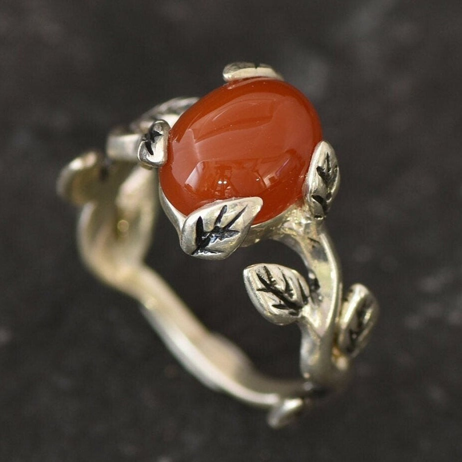 Red Flower Ring, Natural Red Agate, Carnelian Ring, Leaf Ring, Branch Ring, Red Vintage Ring, Floral Ring, Red Oval Ring, Solid Silver Ring