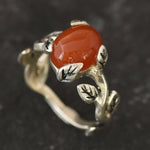 Red Flower Ring, Natural Red Agate, Carnelian Ring, Leaf Ring, Branch Ring, Red Vintage Ring, Floral Ring, Red Oval Ring, Solid Silver Ring