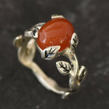 Red Flower Ring, Natural Red Agate, Carnelian Ring, Leaf Ring, Branch Ring, Red Vintage Ring, Floral Ring, Red Oval Ring, Solid Silver Ring