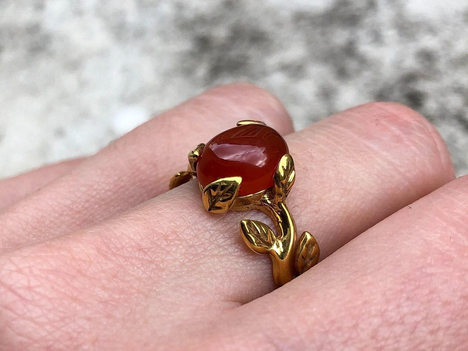 Red Flower Ring, Natural Red Agate, Carnelian Ring, Leaf Ring, Branch Ring, Red Vintage Ring, Floral Ring, Red Oval Ring, Solid Silver Ring(1)