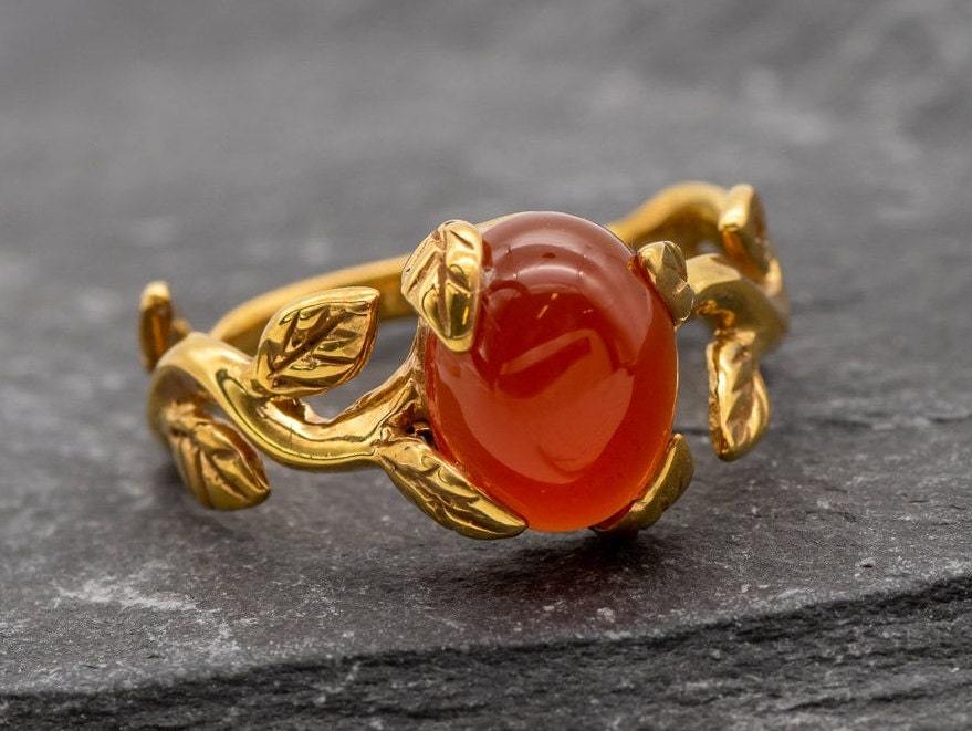 Red Flower Ring, Natural Red Agate, Carnelian Ring, Leaf Ring, Branch Ring, Red Vintage Ring, Floral Ring, Red Oval Ring, Solid Silver Ring(1)