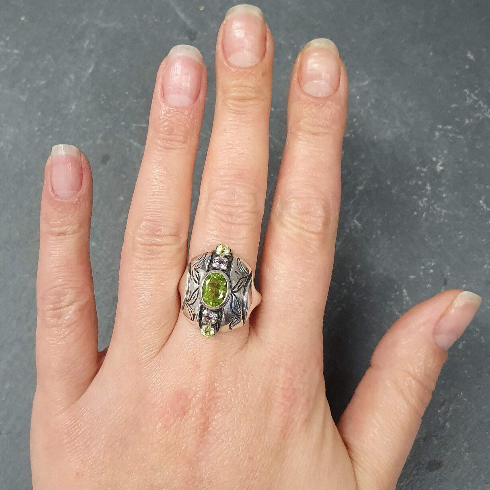 Green Tribal Ring, Natural Peridot, Statement Ring, August Birthstone, Large Ring, Chunky Ring, Long Ring, Solid Silver Ring, Amethyst