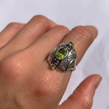 Statement Peridot Ring - Chunky Multistone Ring - Vintage Bezel Ring