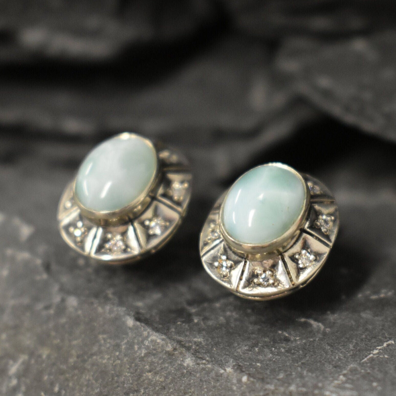 Bohemian Earrings, Larimar Earrings, Natural Larimar, Large Studs, Vintage Earrings, Sky Blue Earrings, Blue Boho Earrings, Silver Earrings