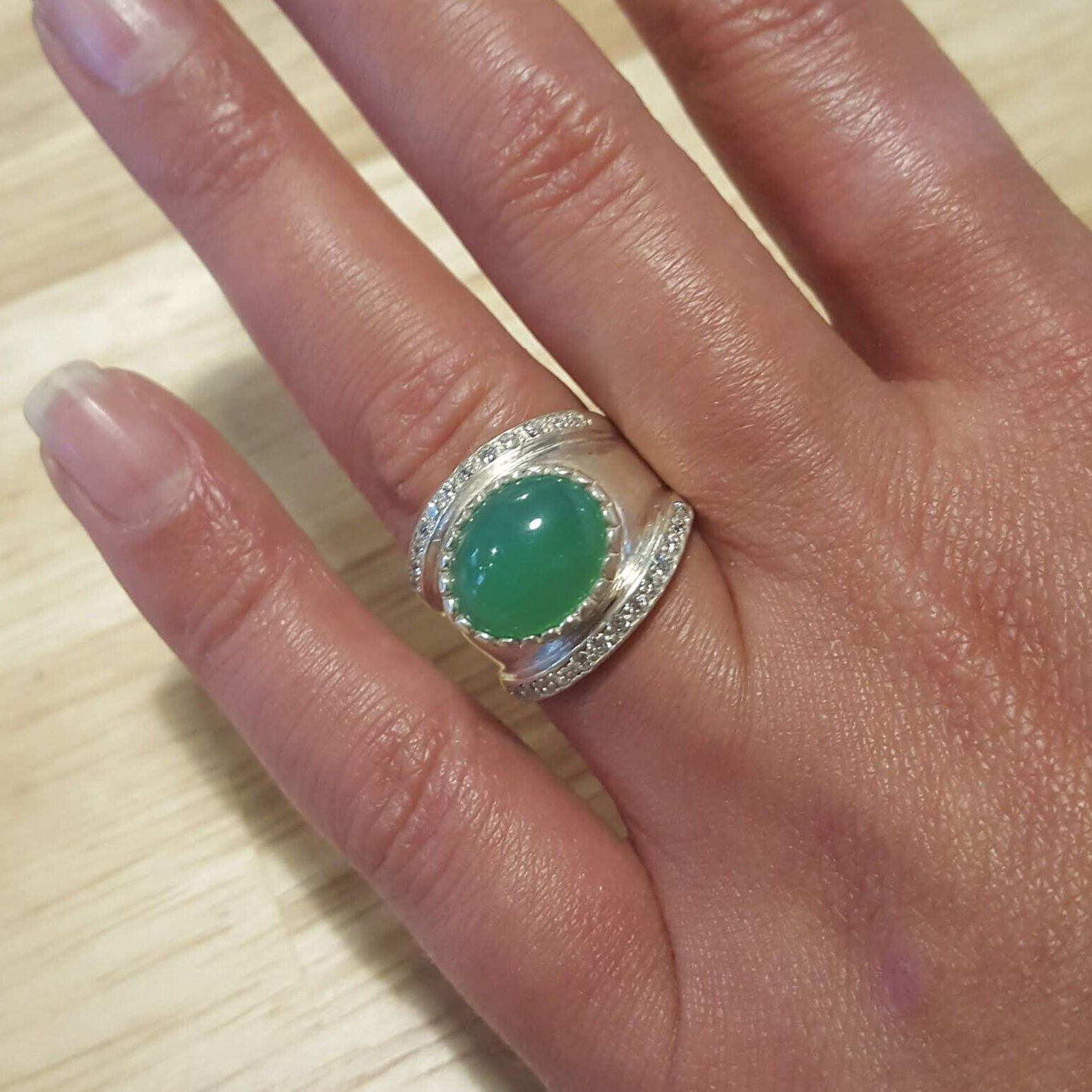 Bezel Green Ring, Natural Chrysoprase, Australian Stone, Vintage Rings, May Birthstone, CZ Diamonds, May Ring, Solid Silver, Chrysoprase