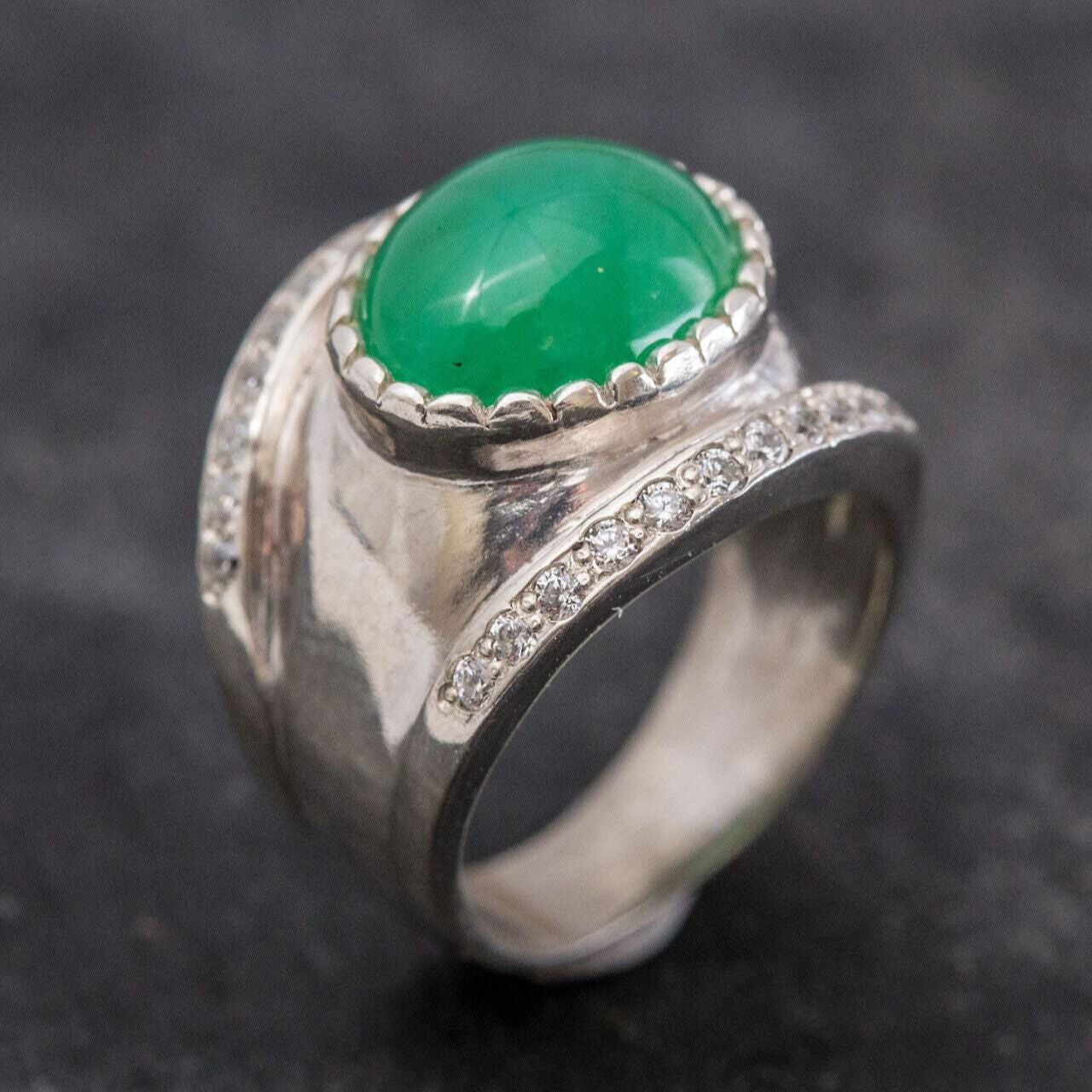 Bezel Green Ring, Natural Chrysoprase, Australian Stone, Vintage Rings, May Birthstone, CZ Diamonds, May Ring, Solid Silver, Chrysoprase