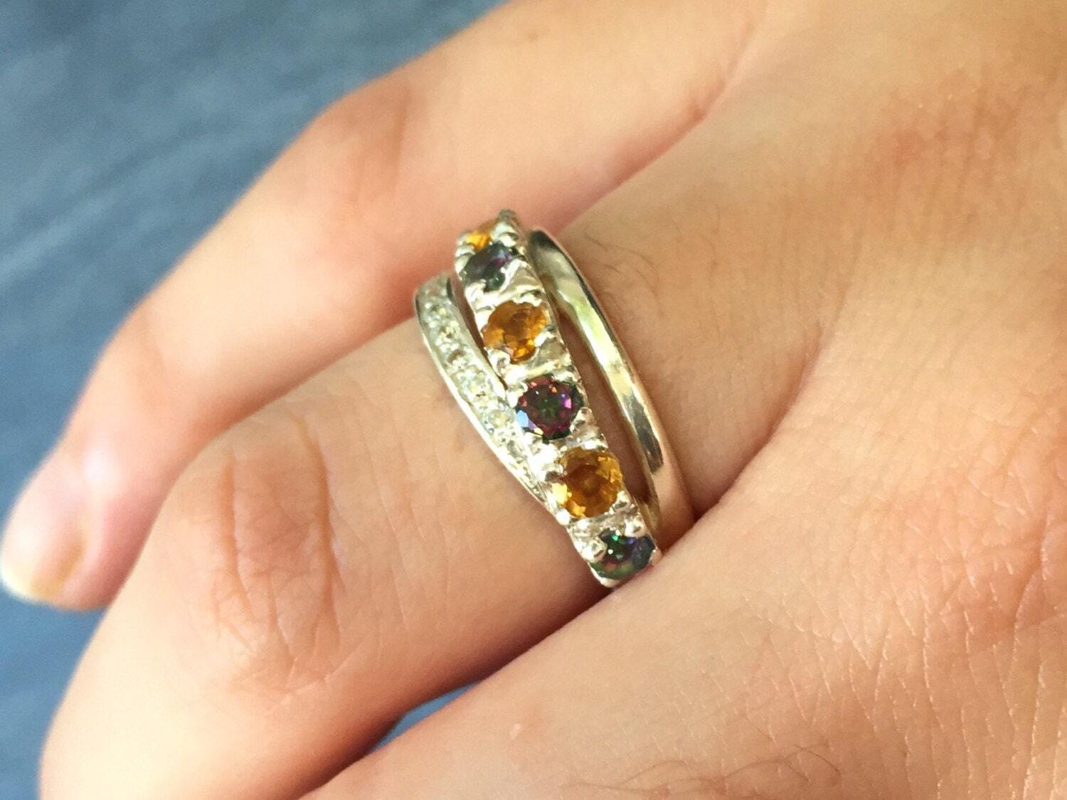 Triple Band, Natural Citrine, November Birthstone, December Birthstone, Citrine Ring, Mystic Topaz Ring, Double Band, Natural, Pure Silver