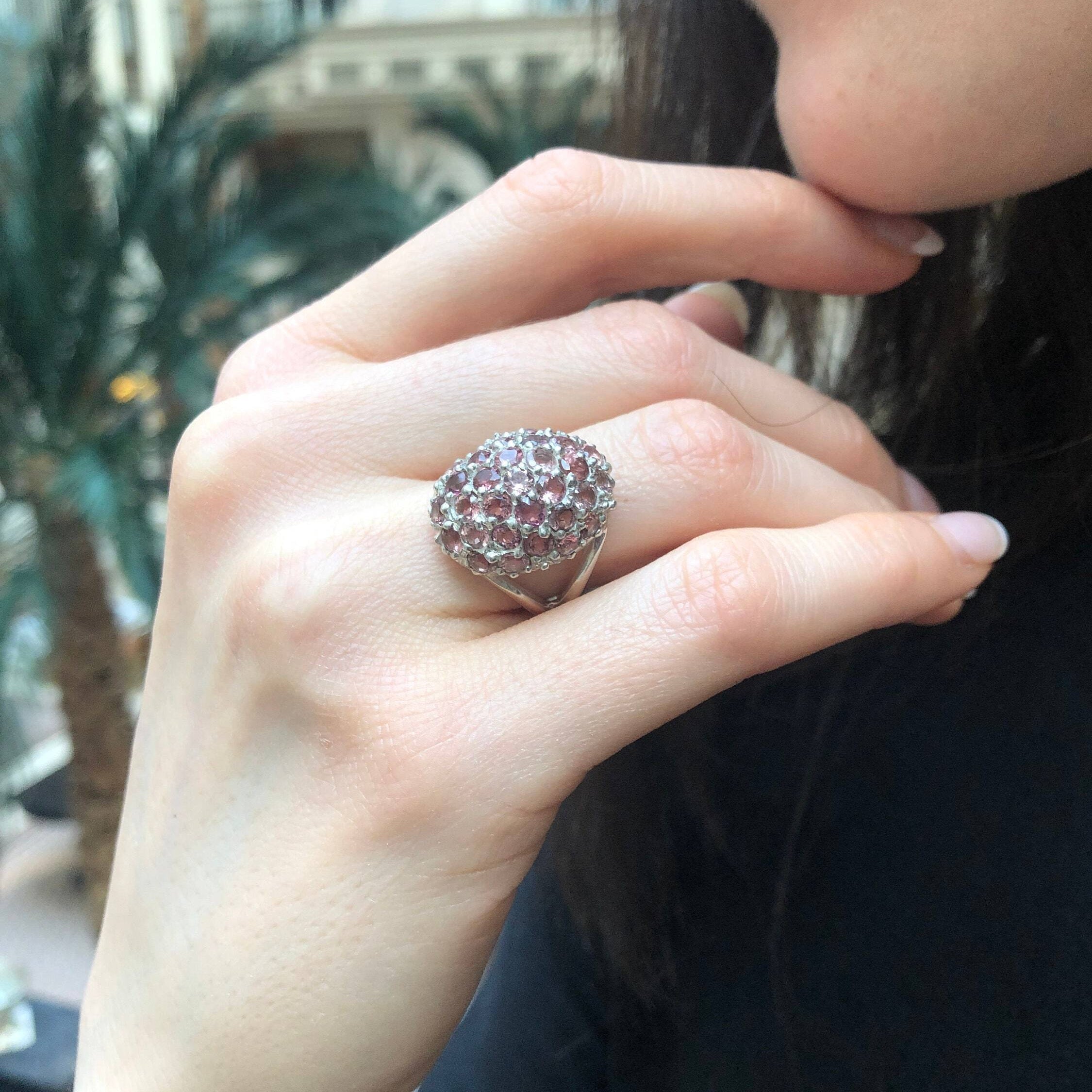 Pink Cluster Ring, Natural Tourmaline, Raspberry Ring, October Birthstone, Pink Tourmaline Ring, Statement Ring, Chunky Ring, Silver Ring