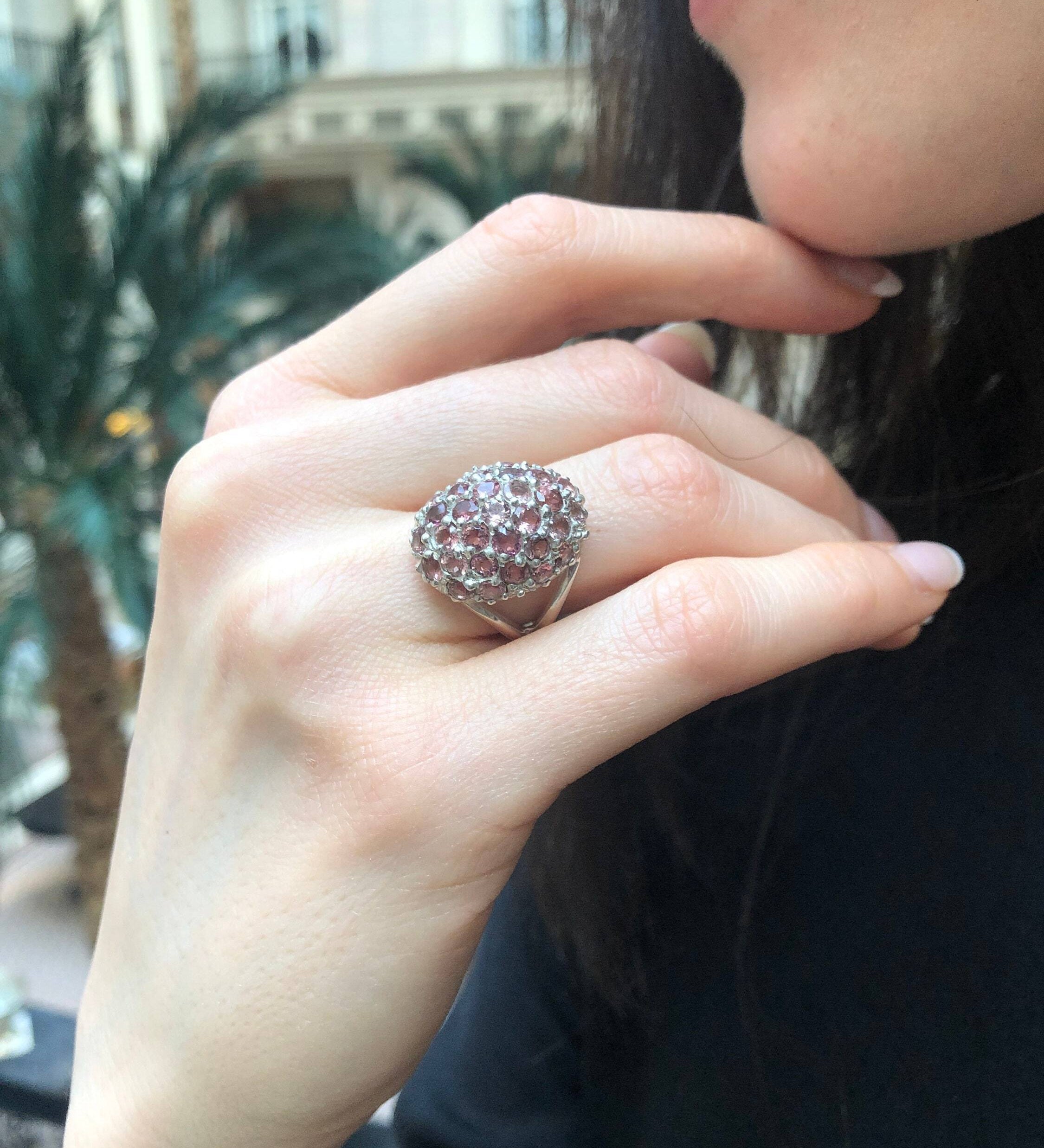 Pink Cluster Ring, Natural Tourmaline, Raspberry Ring, October Birthstone, Pink Tourmaline Ring, Statement Ring, Chunky Ring, Silver Ring