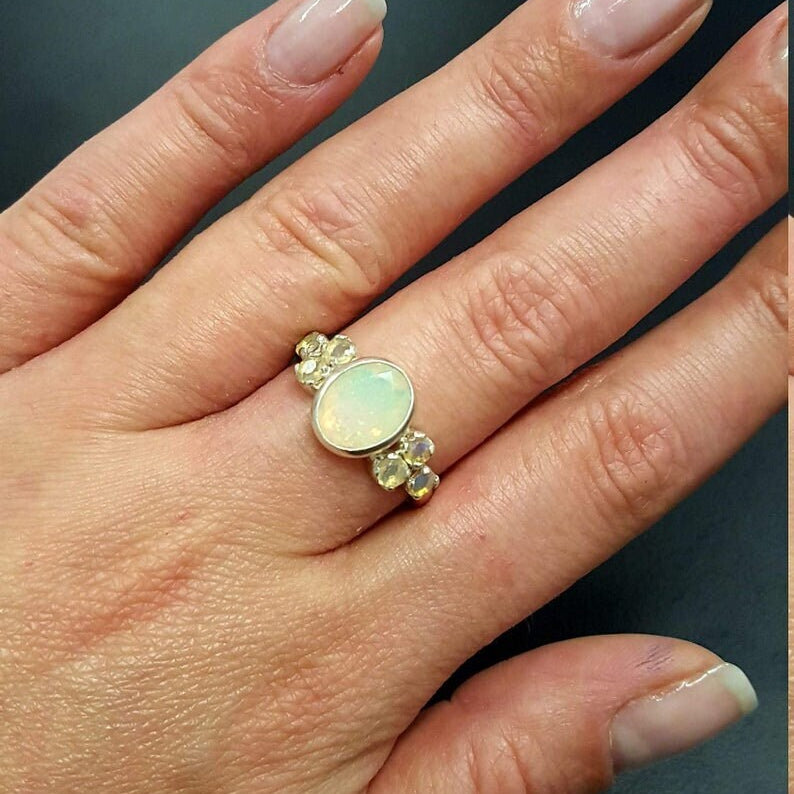 Precious Opal Ring, Natural Opal, Antique Ring, October Birthstone, Multistone Ring, Engagement Ring, White Vintage Ring, Solid Silver Ring