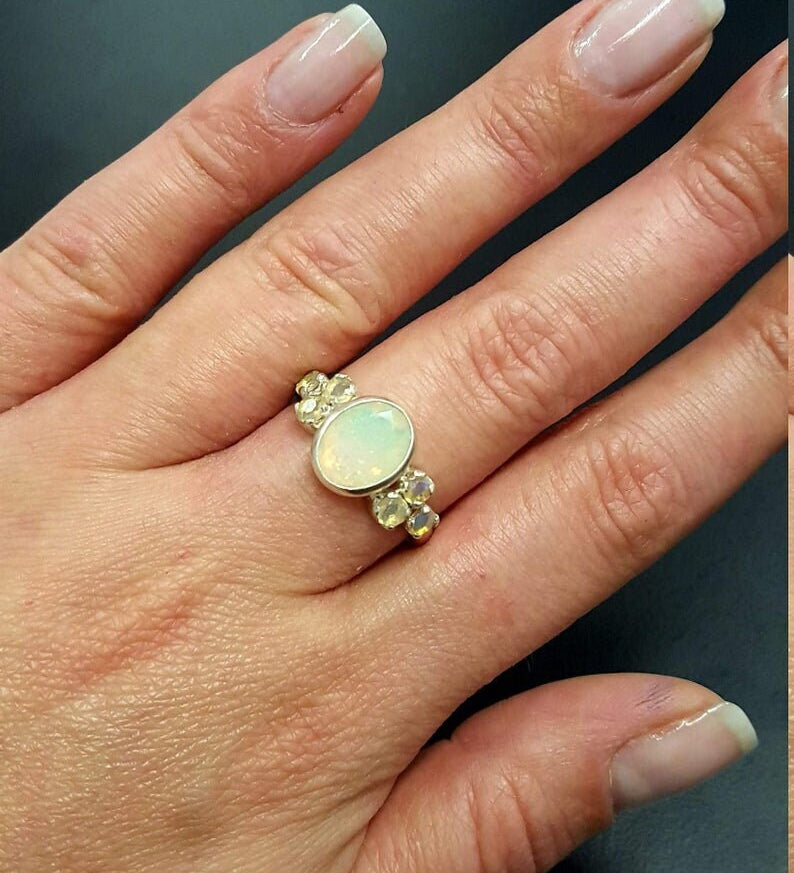 Precious Opal Ring, Natural Opal, Antique Ring, October Birthstone, Multistone Ring, Engagement Ring, White Vintage Ring, Solid Silver Ring