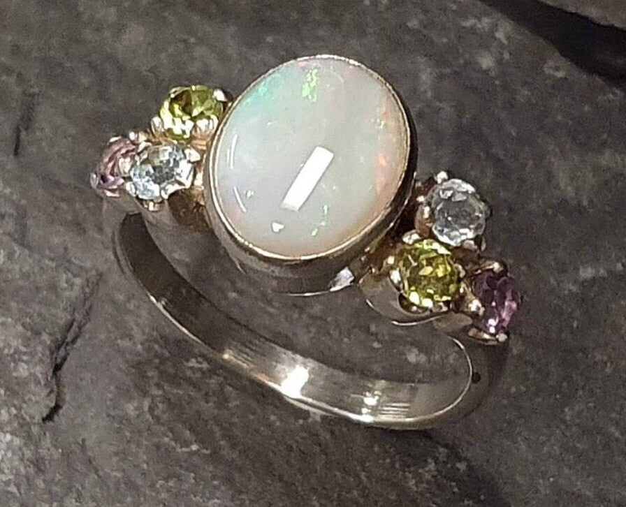 Precious Opal Ring, Natural Opal, Antique Ring, October Birthstone, Multistone Ring, Engagement Ring, White Vintage Ring, Solid Silver Ring