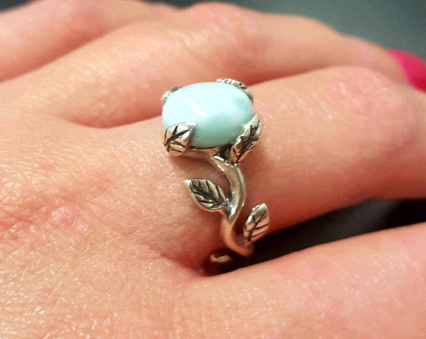 Blue Flower Ring, Natural Larimar, Silver Leaf Ring, Artisan Rose Ring, Dainty Ring, Blue Vintage Ring, March Birthstone, Jewel of Atlantis