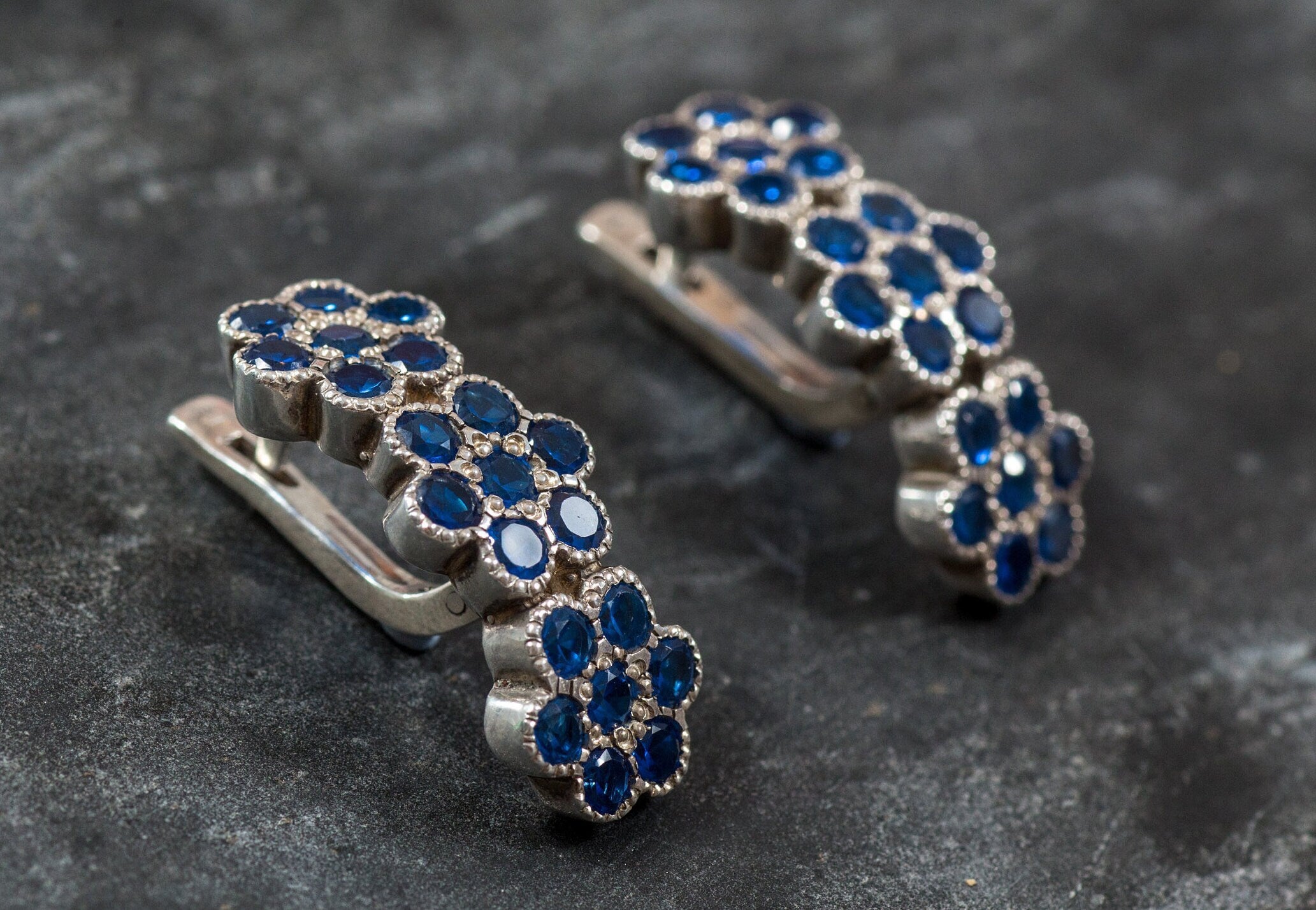 Created Sapphire Earrings made in 925 Sterling Silver with Round Created Blue Sapphire in Cluster setting, September Birthstone gift idea, symbolizes sincerity, truth, and faithfulness, ideal for everyday wear and perfect for birthday gifting and special occasions.