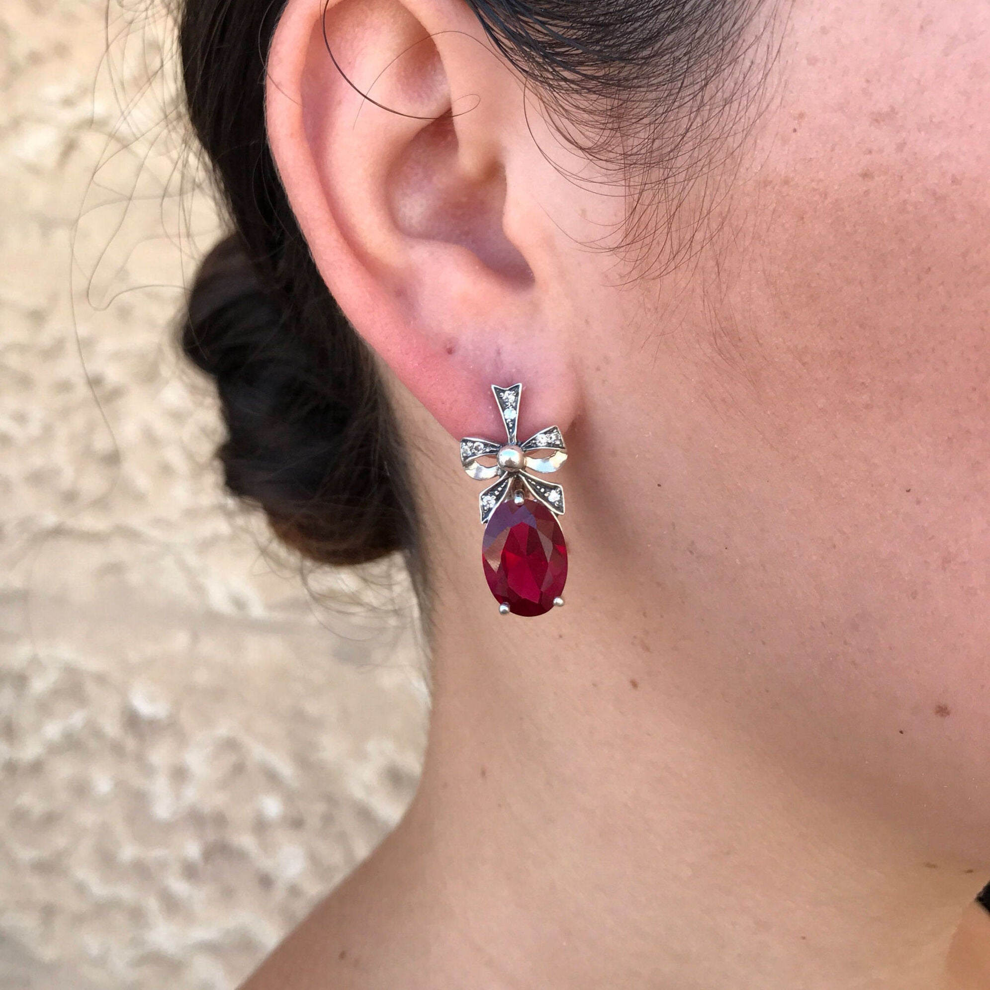 Large Ruby Earrings, Ribbon Earrings, Created Ruby Earrings, Vintage Earrings, Silver Ribbon, Ruby Earrings, Red Earrings, Antique Earrings