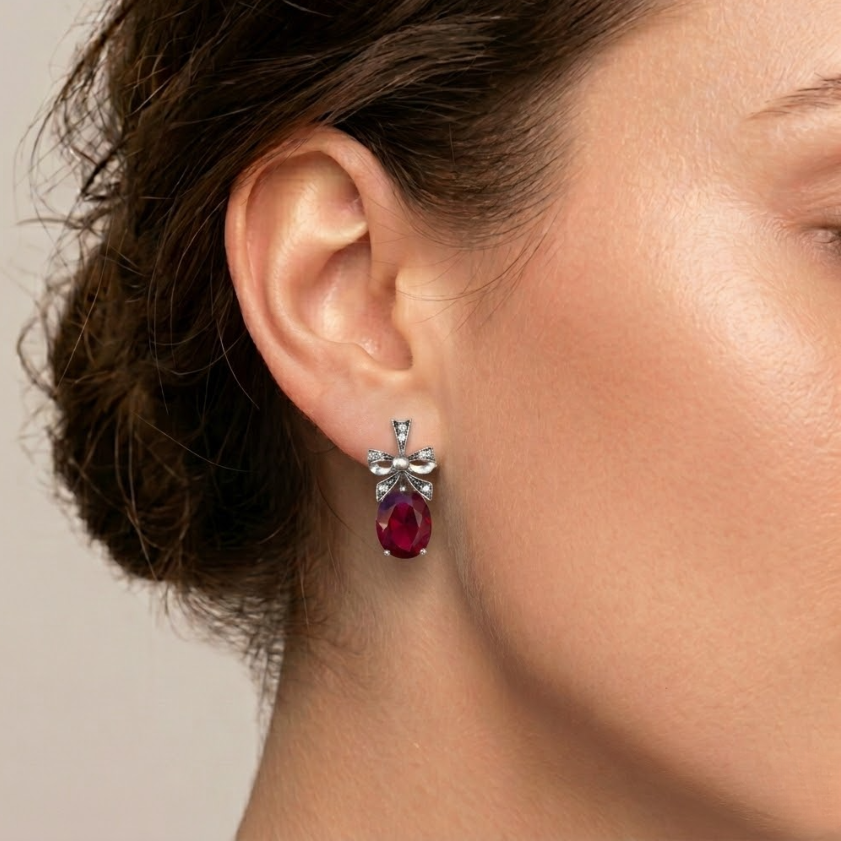 Elegant Ruby Earrings in 925 Sterling Silver, featuring an Oval Created Red Ruby, perfect for birthdays and special occasions.