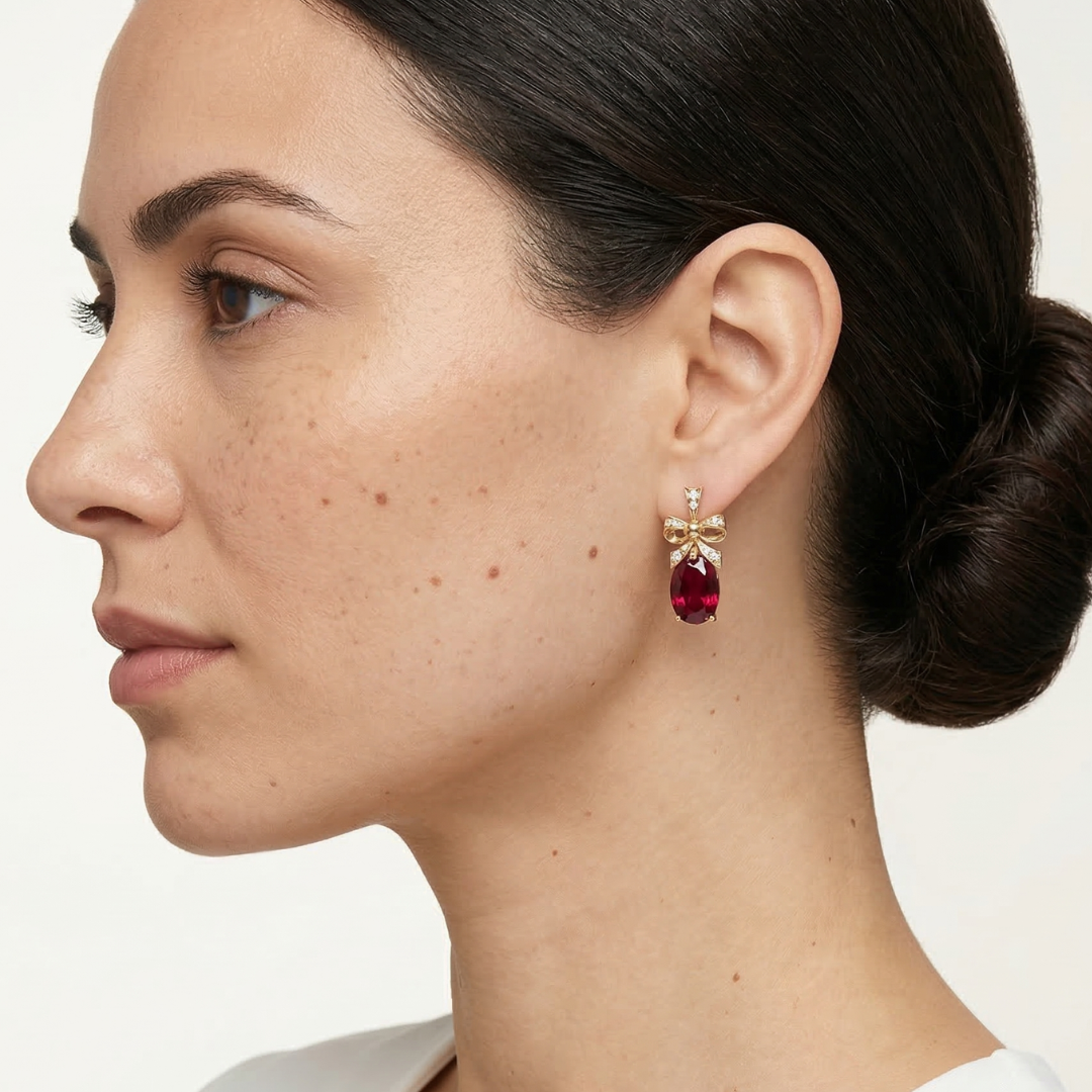 Elegant 18k Gold Vermeil Ruby Earrings with Oval Created Red Ruby, perfect for birthdays and special occasions.