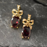 Gold Ruby Earrings - Red Ribbon Earrings, Drop Ribbon Earrings