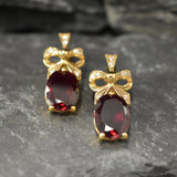 Gold Ruby Earrings - Red Ribbon Earrings, Drop Ribbon Earrings