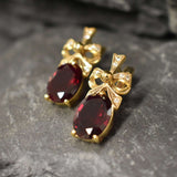 Gold Ruby Earrings - Red Ribbon Earrings, Drop Ribbon Earrings