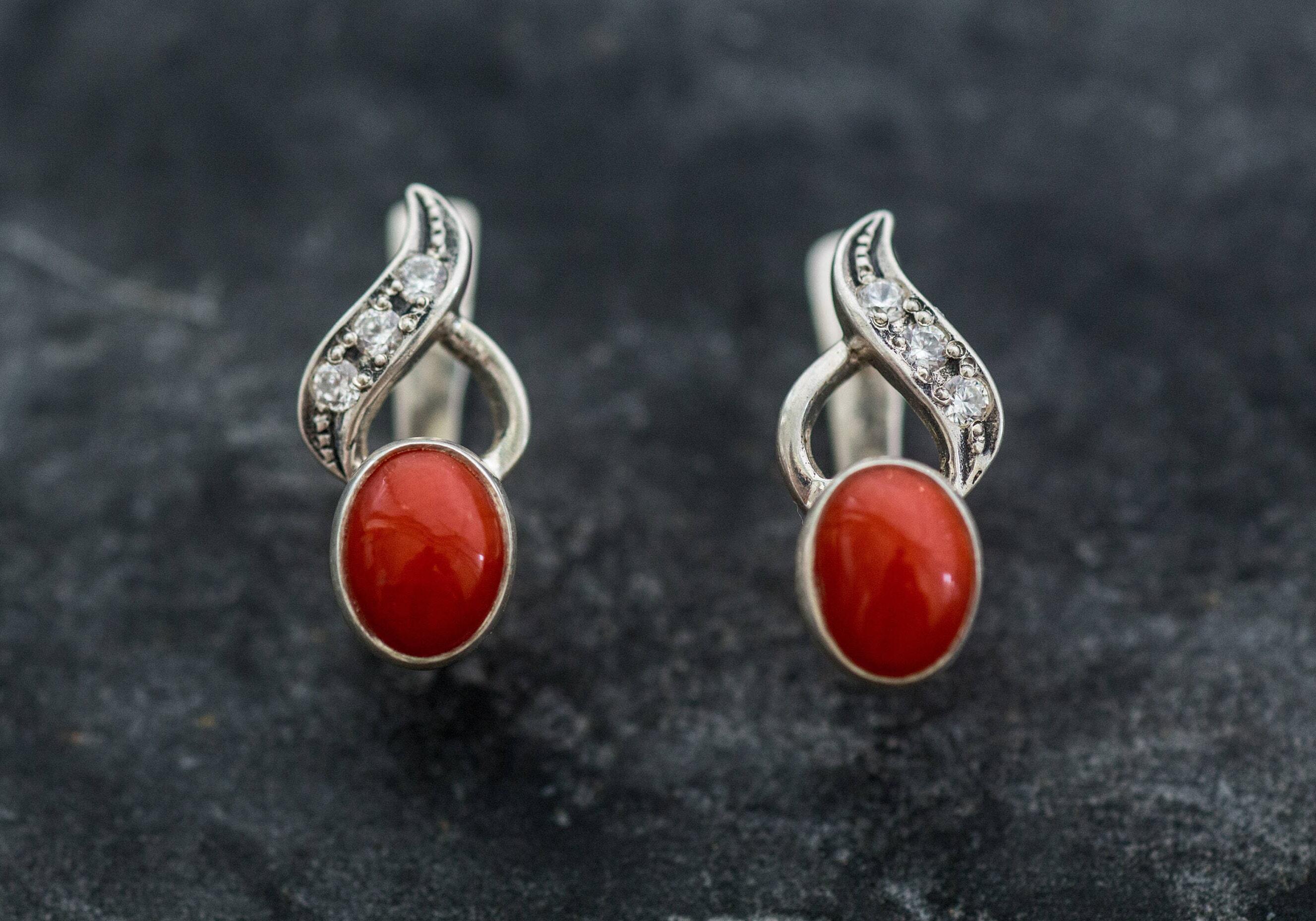 Coral Earrings, Natural Coral, Red Coral Earrings, March Birthstone, Vintage Coral Earrings, Red Earrings, Vintage Earrings, Solid Silver
