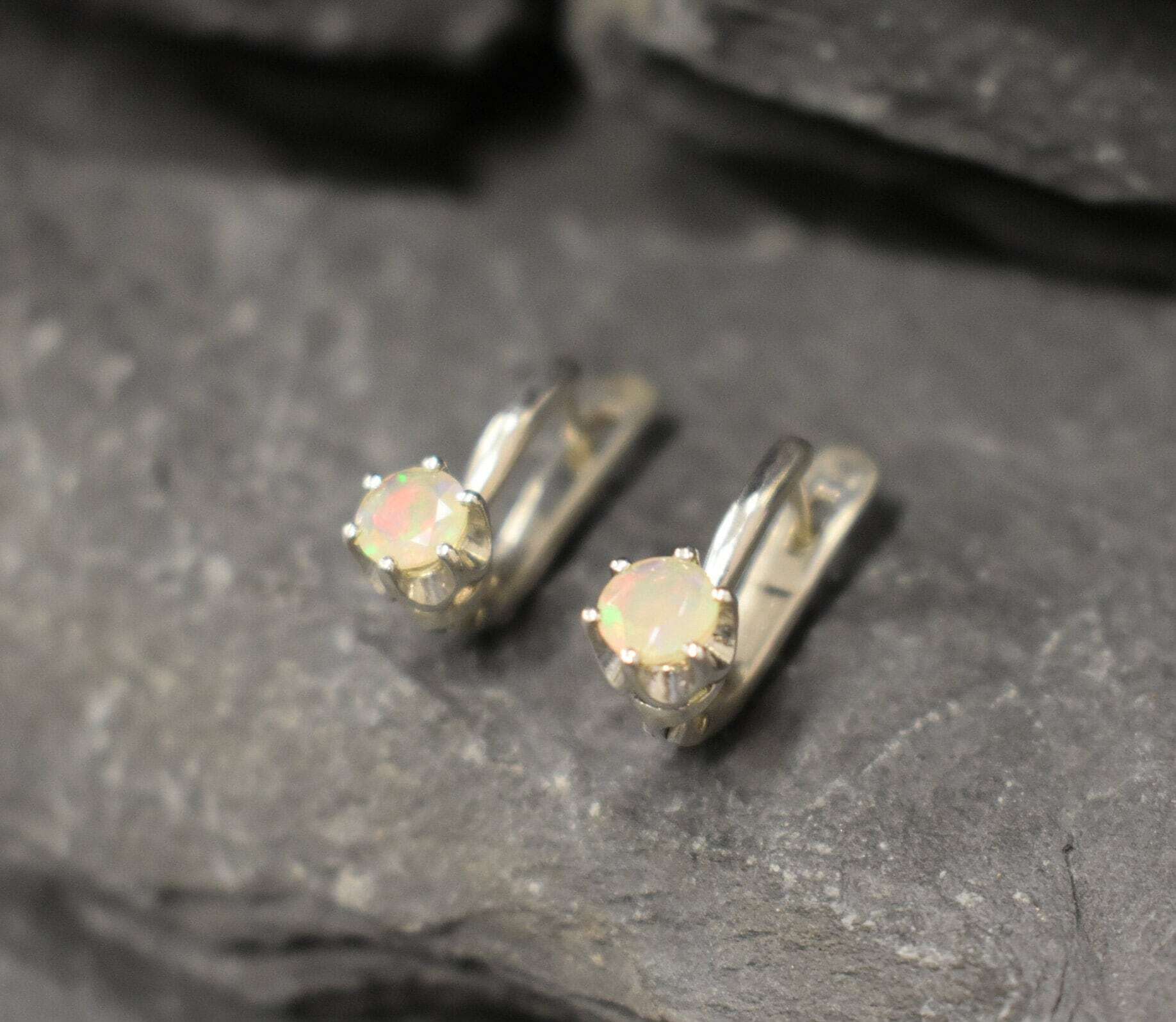 Fire Opal Earrings, Natural Opal, Dainty Earrings, Fire Opal Studs, Vintage Earrings, Precious Opal, Ethiopian Opal, Solid Silver Earrings