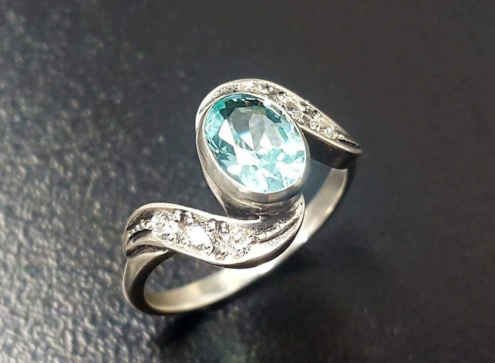 Blue Aquamarine Ring, Created Aquamarine, Blue Diamond Ring, Vintage Rings, Aqua Ring, Blue Vintage Ring, Blue Aqua Ring, Solid Silver Ring