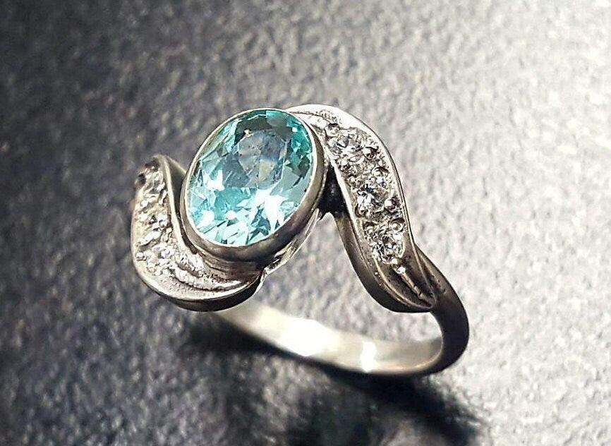 Blue Aquamarine Ring, Created Aquamarine, Blue Diamond Ring, Vintage Rings, Aqua Ring, Blue Vintage Ring, Blue Aqua Ring, Solid Silver Ring