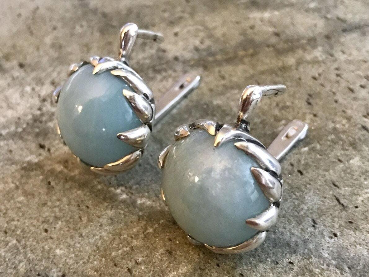 Aquamarine Earrings, Natural Aquamarine, March Birthstone, Vintage Earrings, Large Stone, Large Earrings, Ear Weights, Solid Silver, Aqua