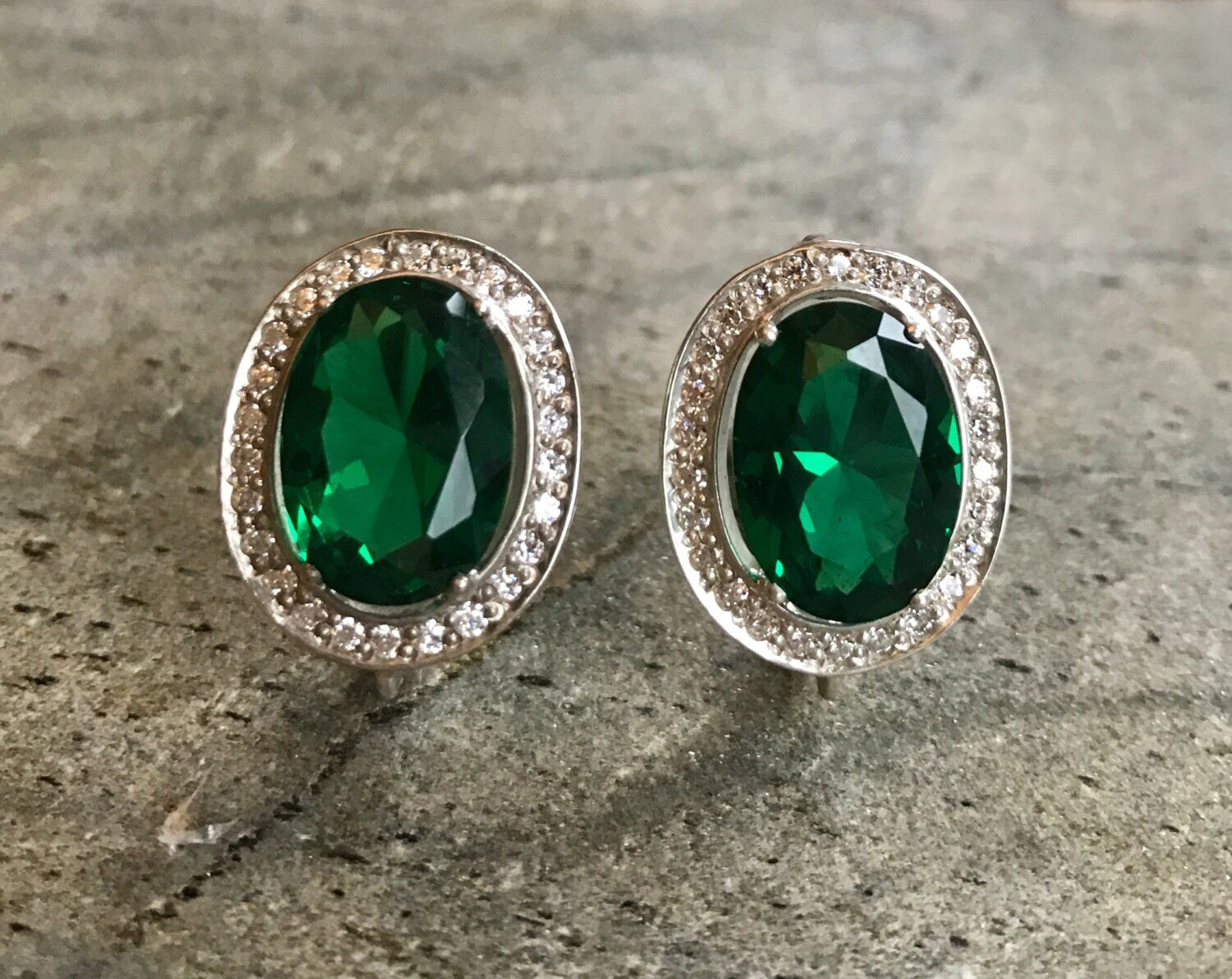 Created Emerald Earrings made in 925 Sterling Silver with Oval Created Green Emerald in Prong setting, May Birthstone gift idea, symbolizes, ideal for everyday wear and perfect for birthday gifting and special occasions.